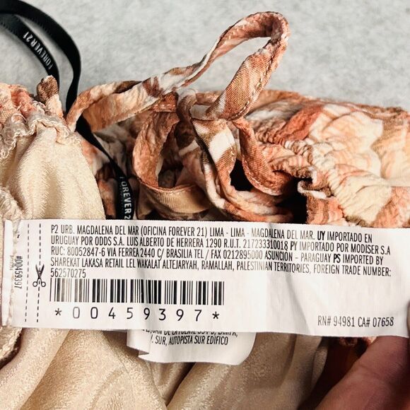 Forever 21 Womens Small Beige Print Crop Top Tie Strap Smocked Boho Coquette - Picture 12 of 12